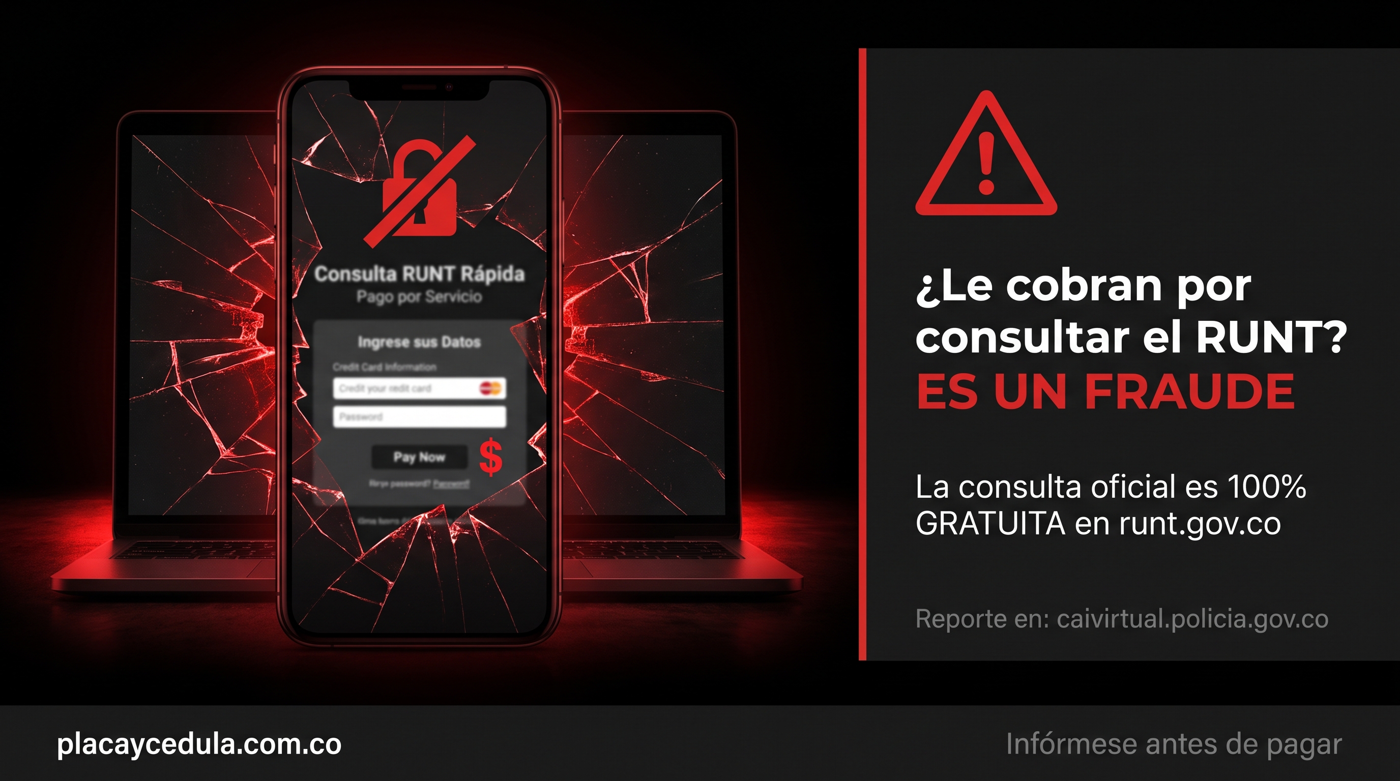 Alerta fraudes en trámites vehiculares Colombia — sitios que cobran por consultas gratuitas de RUNT, SIMIT o SOAT. Reporte en caivirtual.policia.gov.co