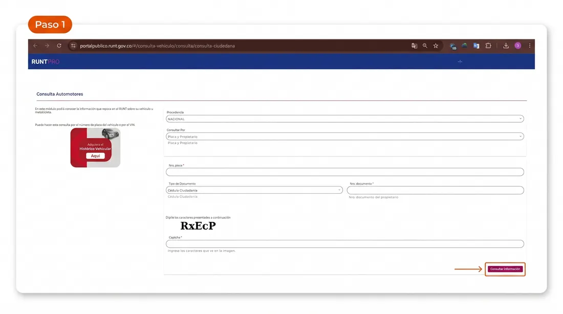 Paso 1: portal oficial del RUNT — consulta de vehículos por placa para verificar SOAT vigente 2026
