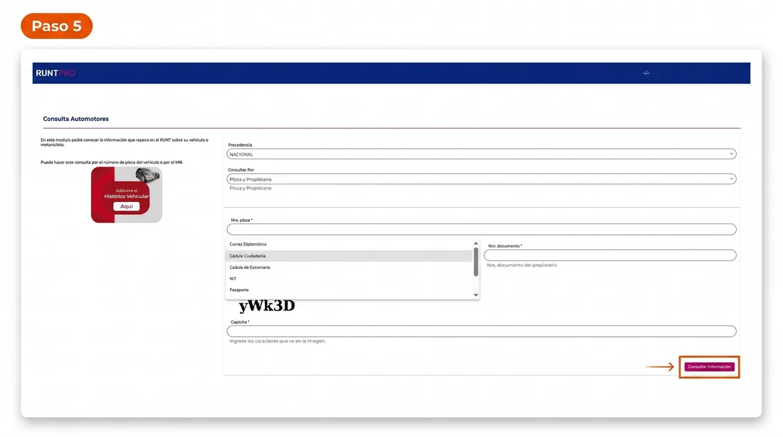 Paso 3: ingrese placa y seleccione tipo de documento del propietario en el RUNT para verificar SOAT
