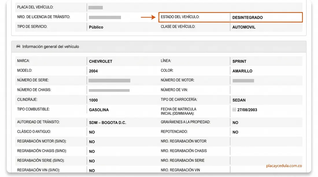 Resultado real de consulta RUNT por cédula — listado de vehículos registrados con estado de matrícula, placa y datos del propietario