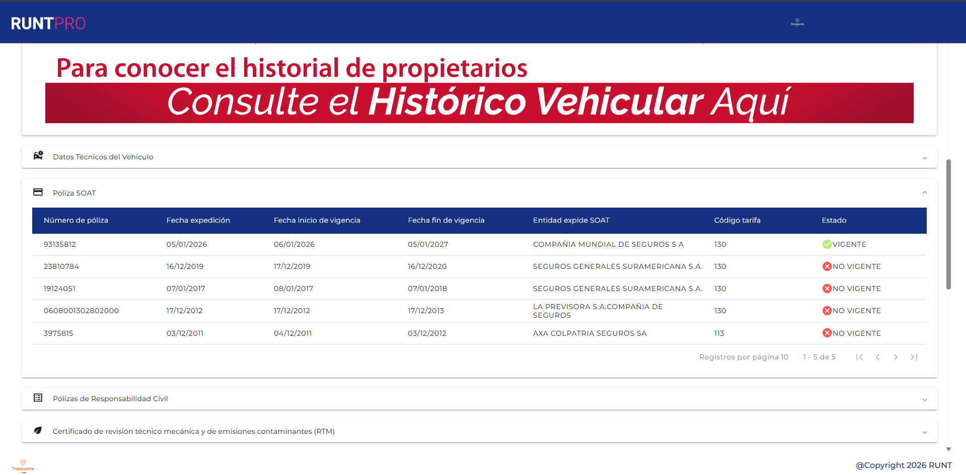 Resultado RUNT: sección Póliza SOAT con número de póliza, aseguradora, fechas de vigencia y estado Vigente o No Vigente