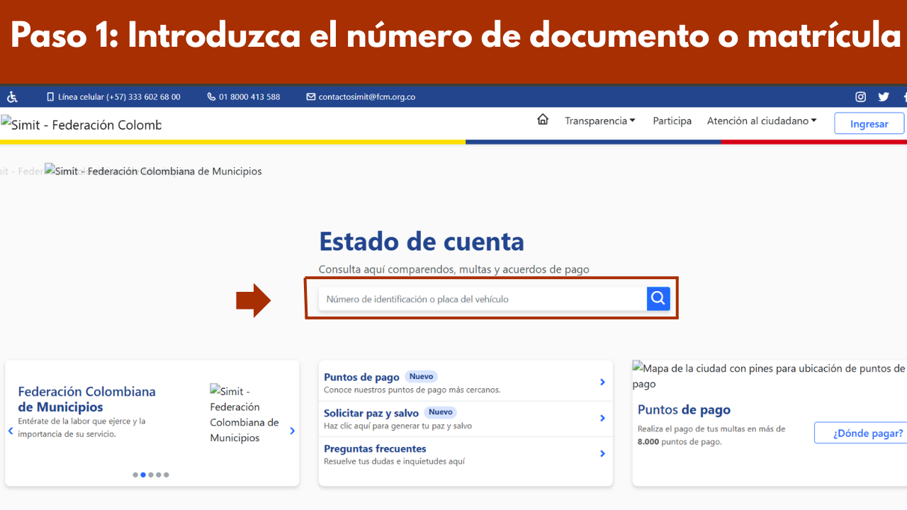 Paso 1: página de inicio del portal SIMIT — Estado de cuenta, campo de búsqueda por placa o cédula