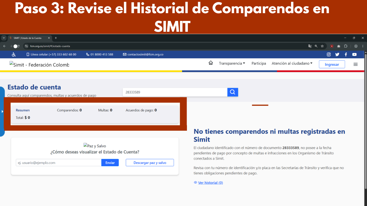 Paso 3: resultado de consulta SIMIT — resumen con comparendos, multas y acuerdos de pago en $0