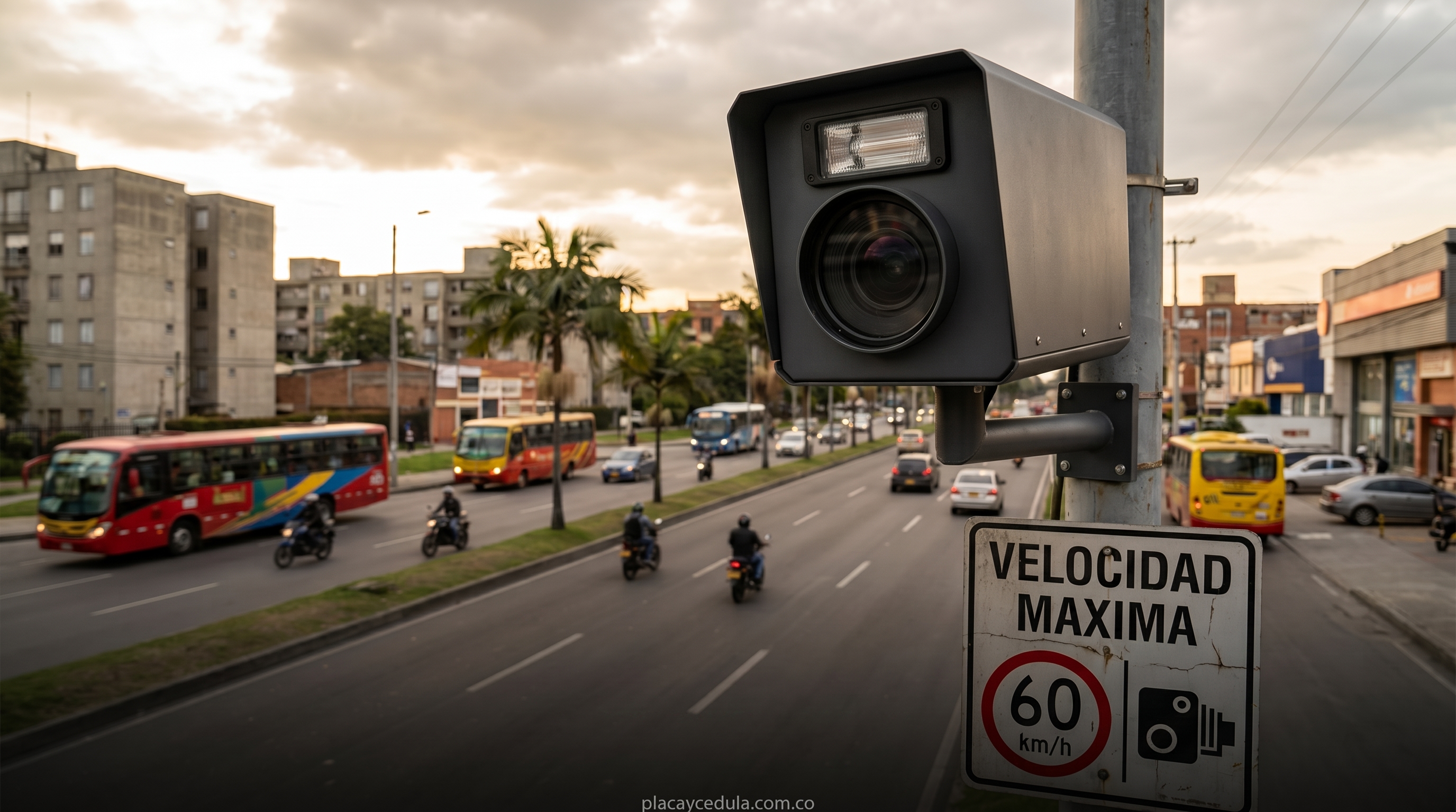 Cámara de fotomulta instalada en vía urbana de Colombia — dispositivo de control de velocidad que registra infracciones automáticamente y genera comparendos en el SIMIT
